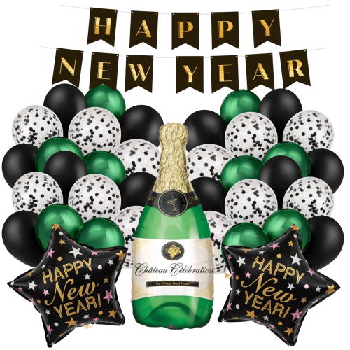 Zestaw balonów na Sylwestra butelkowa zieleń Szampan Happy New Year Baner