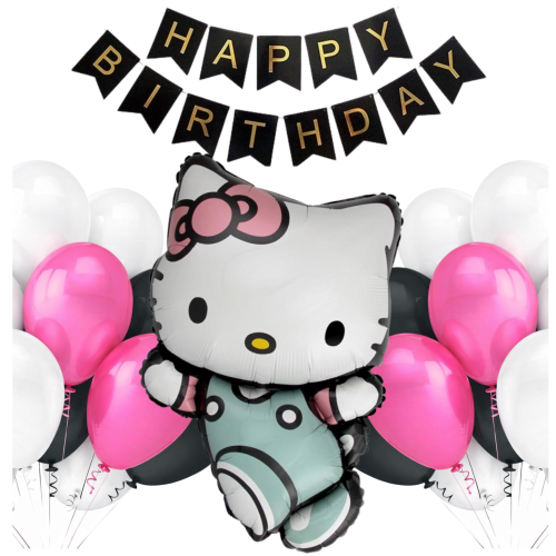 Zestaw balonów na Urodziny Hello Kitty Balony Baner Happy Birthday Roczek.png