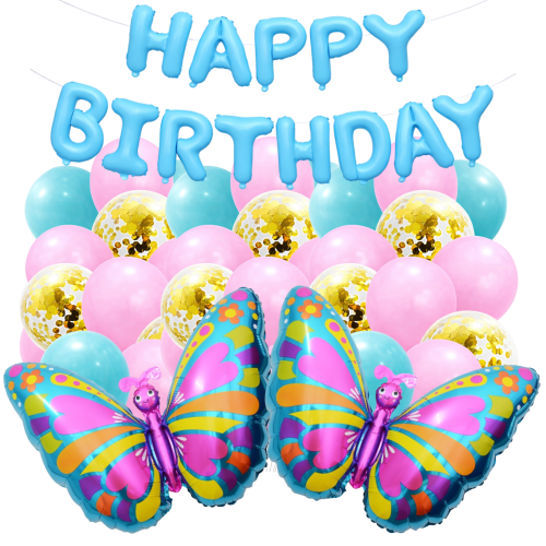 Zestaw balonów Urodziny Dziewczynki Motyl Motylki Balony napis Happy .png