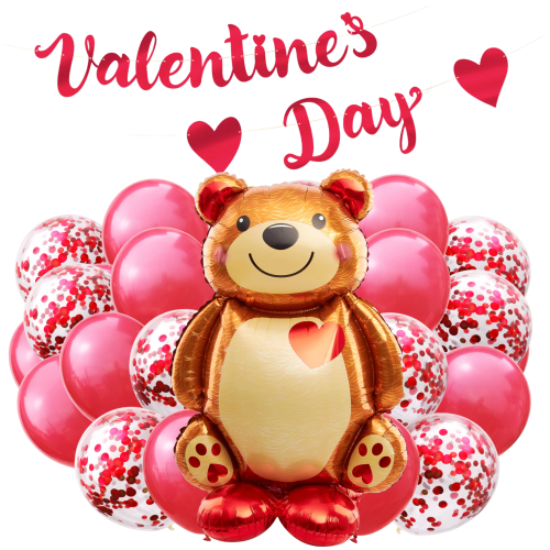 Balony na Walentynki Valentine's Day Baner Miś STOJĄCY duży Zestaw Prezent.png