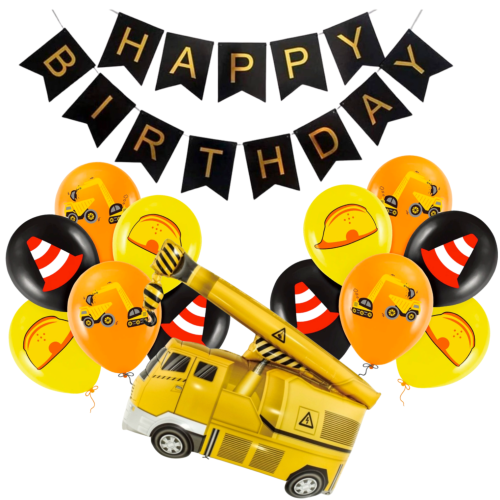 Balony na urodziny chłopca BUDOWA Dźwig roboty drogowe zestaw balonów Baner