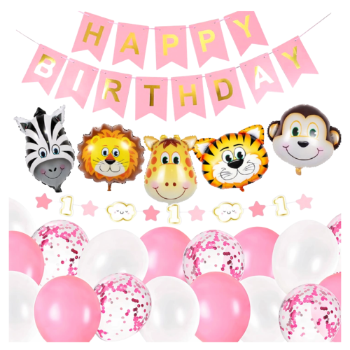 Zestaw balonów ROCZEK dziewczynki Zoo Zwierzątka Safari Urodziny Baner lew.png