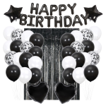 Zestaw balonów na urodziny CZARNE Napis Happy Birthday kurtyna 100x200cm