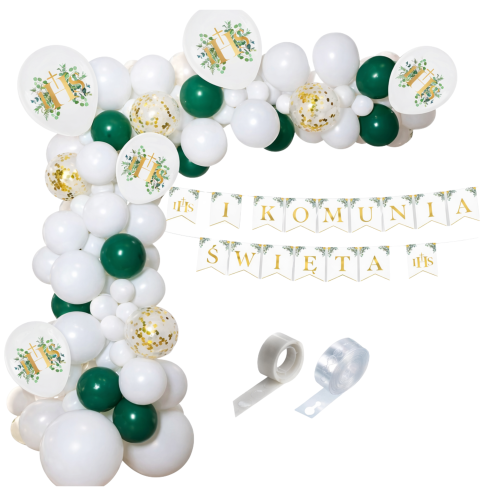 Girlanda balonowa na Komunię świętą komunijna IHS biało zielona IHS taśma.png