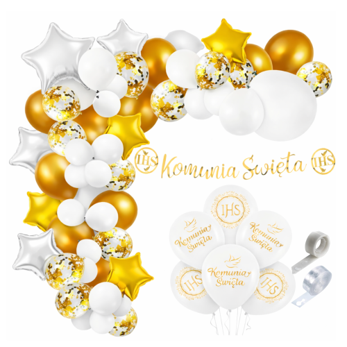 Girlanda balonowa Komunia Święta Biało złota Baner IHS Złoty taśma Balony.png