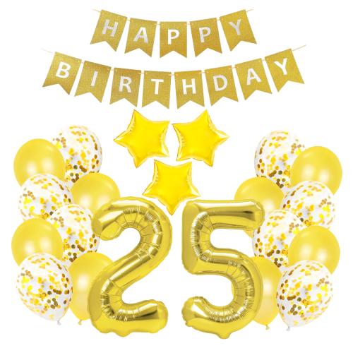 Zestaw balonów złotych na Urodziny z Banerem cyfry 25 70cm Dwadzieścia pięć
