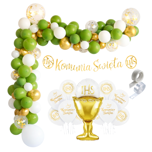 Girlanda balonowa Komunia Święta Eukaliptus białe balony komunijne IHS.png