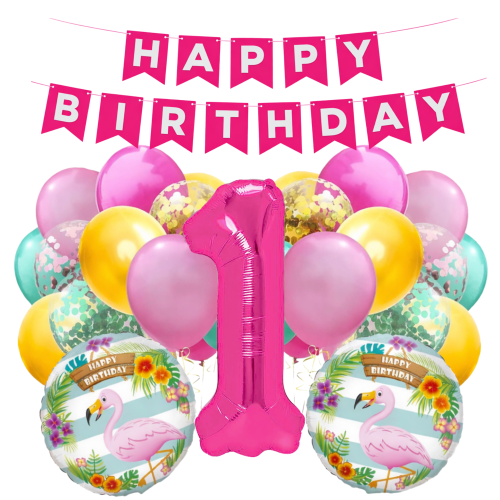 BALONY ROCZEK Hawajskie Flaming cyfra 1 różowa 100cm Baner Happy Birthday