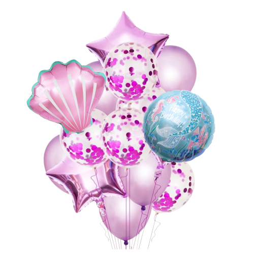Zestaw balonów Syrenka liliowe serca gwiazdy Ogon Syreni Morskie Urodziny.png