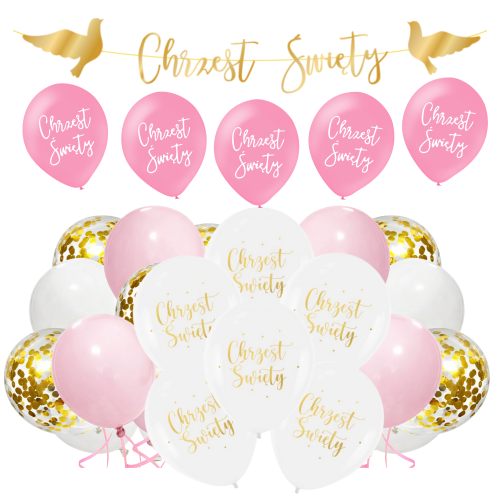Dekoracje na CHRZEST św. Dziewczynki Balony Baner Złoty ZESTAW balonów Hel
