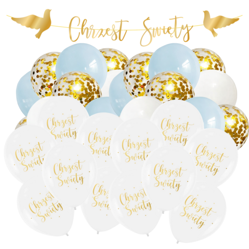 Zestaw dekoracji na Chrzest św Chłopca Balony błękitne Baner Złoty girlanda