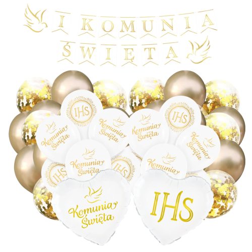 BALONY KOMUNIA baner Zestaw balonów na Komunię Świętą biało złote dekoracje.png