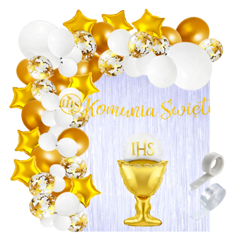 Girlanda balonowa na Komunię świętą z banerem Zestaw Hostia Kurtyna Ścianka.png