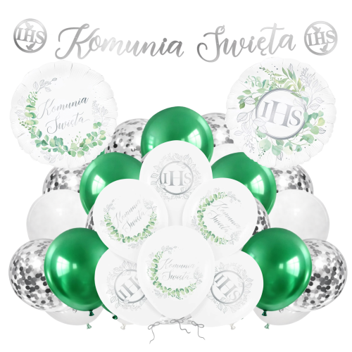 Balony na Komunię Świętą dla chłopca biało zielone Zestaw balonów Girlanda.png