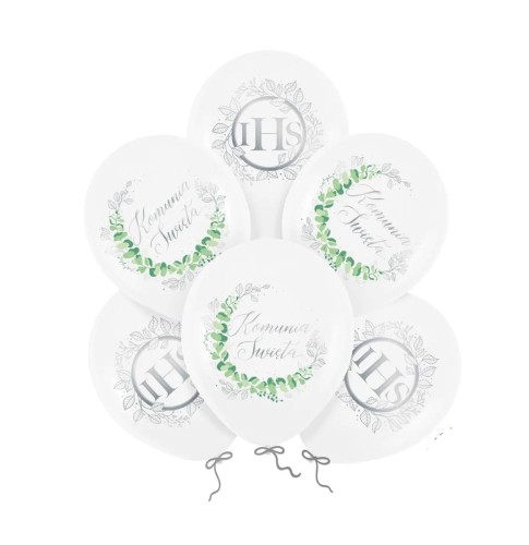Balony komunijne biodegradowalne biało-srebrne 12cali 6szt. zestaw1.jpg
