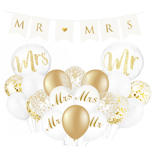 Balony na wesele ROCZNICA ŚLUBU białe dekoracje weselne baner MRS mr flagi.png