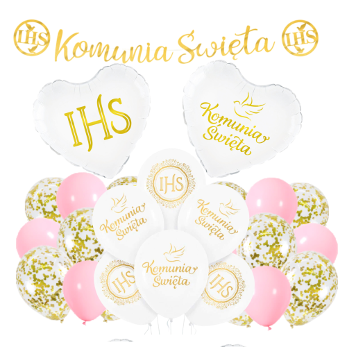 Balony Komunia Święta dla Dziewczynki Zestaw balonów Baner Serce IHS MOCNE.png