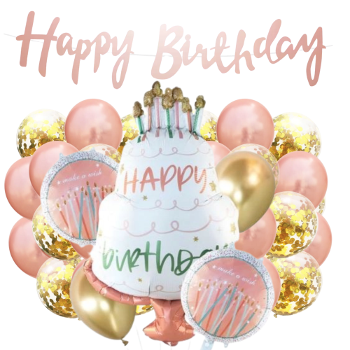 Balony urodzinowe Baner Happy Birthday na urodziny TORT świeczki Rose gold.png