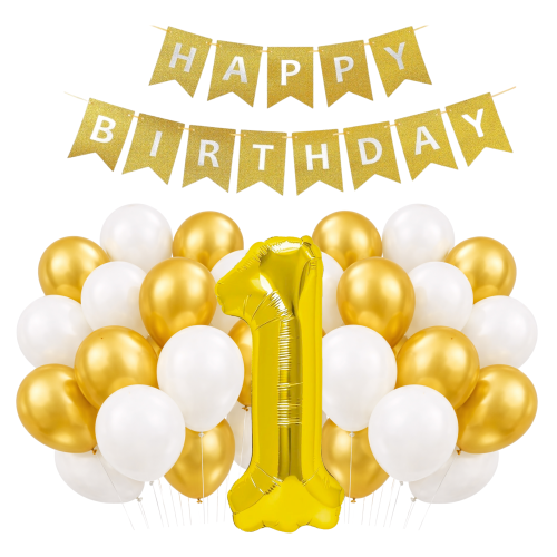 Balony Roczek biało złote 33 balony Baner Happy Birthday Dekoracje balonowe.png
