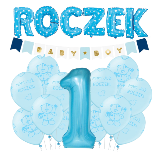 Balony Na Roczek chłopca Napis Baner Baby Boy Mam już roczek cyfra 1 100cm