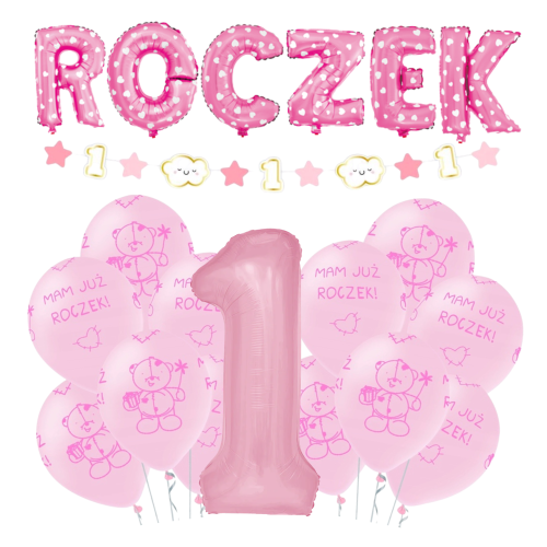 Balony Roczek Dziewczynki Napis Girlanda cyfra 100cm różowa 1 hel zestaw