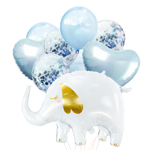 Balony na 1 urodziny Roczek chłopca Słonik Serce błękitne Powitanie w domu.png