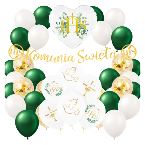 Zestaw balonów na I Komunię  Świętą biało zielone Baner Girlanda złota IHS.png