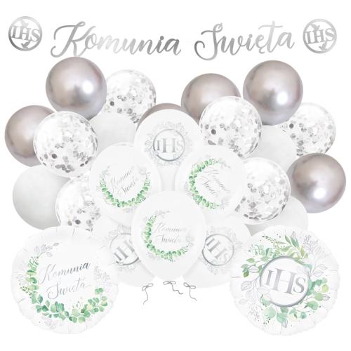 Zestaw balonów Komunijnych Baner Komunia Święta srebrne z nadrukiem IHS.png