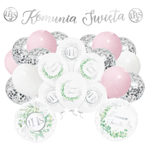 Balony na I Komunię Świętą Dziewczynki ZESTAW BALONÓW różowe Baner IHS hel.png