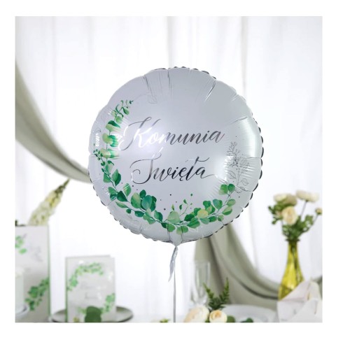 Balon foliowy Komunia Święta Eukaliptus srebrny 45cm.jpg