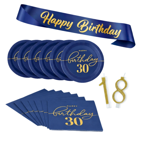 Zestaw 30 Urodziny serwetki talerzyki SZARFA Happy Birthday świeczki tort.png