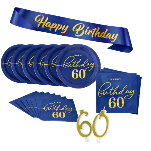 Zestaw 60 Urodziny SZARFA Happy Birthday Granatowo złote Świeczki Serwetki talerzyki.png