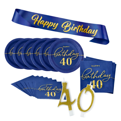 Zestaw 40 Urodziny SZARFA Happy Birthday Talerzyki Świeczki tort Serwetki