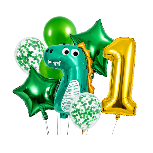 Zestaw balonów z dinozaurem ROCZEK chłopca Cyfra złota 1 100cm Bukiet HEL.png
