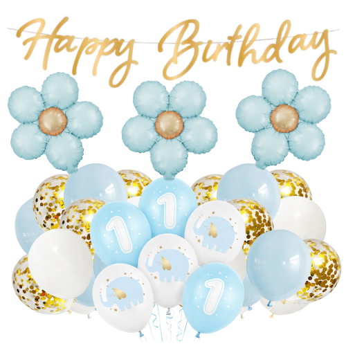 ROCZEK CHŁOPCA Zestaw balonów Baner złoty Happy Birthday Stokrotki słonik