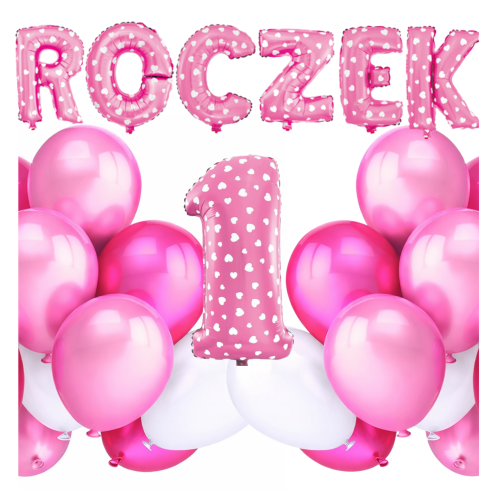 BALONY ROCZEK dziewczynki cyfra 1 różowa 40cm Zestaw balonów różowych napis
