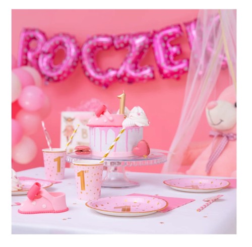 Talerzyk papierowy różowy w złote gwiazdki Roczek 7cali 6szt. 1111.jpg