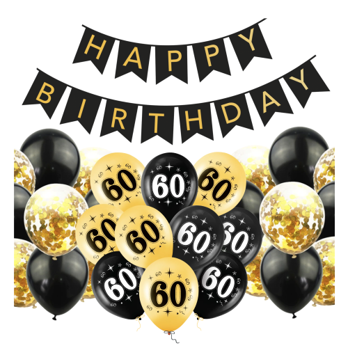 Balony na 60 urodziny 60tka Baner Happy Birthday czarno złote zestaw balonów