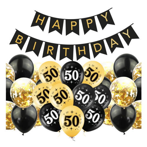 Balony na 50 urodziny 50tka Baner Happy Birthday czarno złote zestaw balonów.png