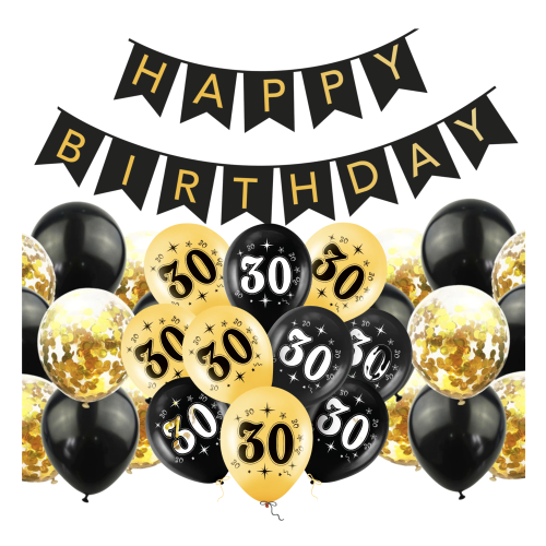 Balony na 30 urodziny 30stka Baner Happy Birthday czarno złote zestaw balonów.png