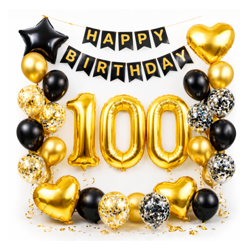 Zestaw balonów 100 urodziny STO LAT cyfry złote 70cm Baner Happy Birthday.png