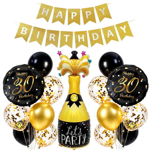 Balony 30 Urodziny 30stka Złoto czarny zestaw Baner Happy Birthday SZAMPAN.png