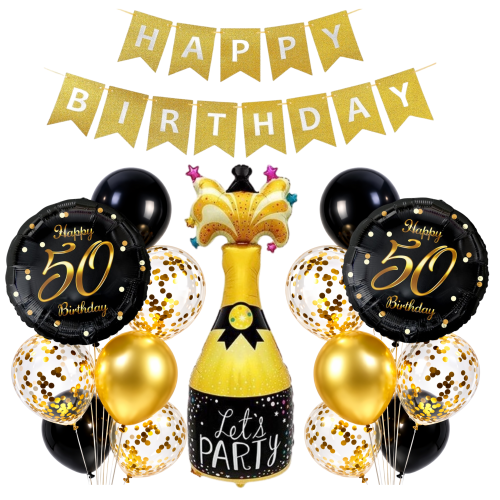 Balony 50 Urodziny 50tka SZAMPAN Baner Happy Birthday Złoto czarny zestaw.png
