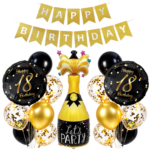 Balony 18 Urodziny 18stka Złoto czarny zestaw Baner Happy Birthday SZAMPAN