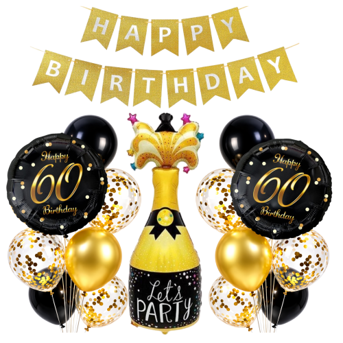 Balony 60 Urodziny 60tka Złoto czarny zestaw Baner Happy Birthday SZAMPAN
