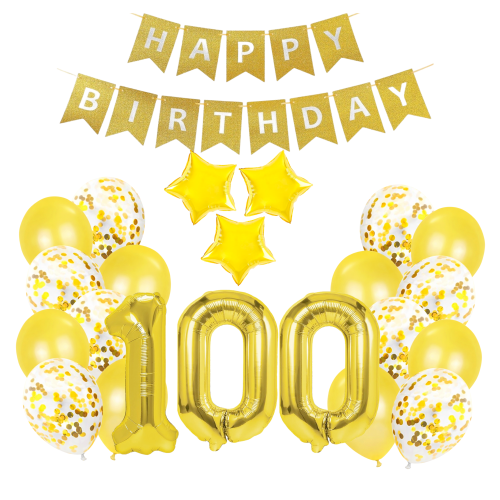 Balony 100 Urodziny STO LAT zestaw balonów złote Baner Happy Birthday cyfry 70cm.png