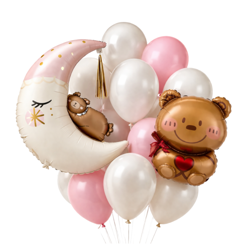 Balony Roczek Dziewczynki Baby Shower Prezent Chrzest różowe Zestaw Księżyc.png