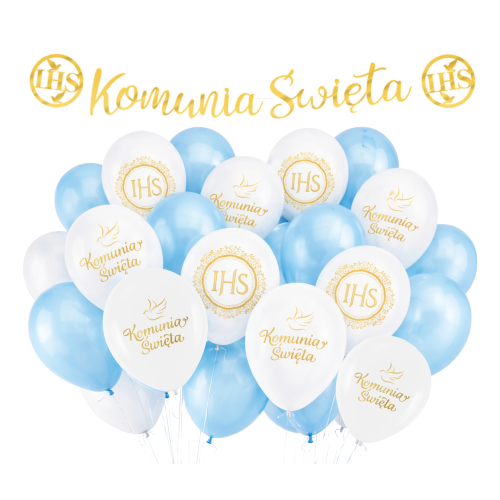 Balony Komunia Święta Chłopca Błękitne Zestaw dekoracji Baner IHS złoty hel