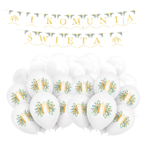 Balony Komunia Święta Baner girlanda IHS gałązki eukaliptusa Zestaw balonów.png