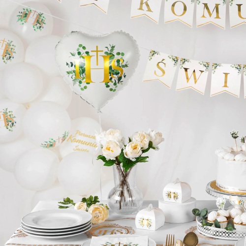 Balony komunijne biodegradowalne Komunia Święta IHS Eukaliptus 12cali 6szt. zestaw.png